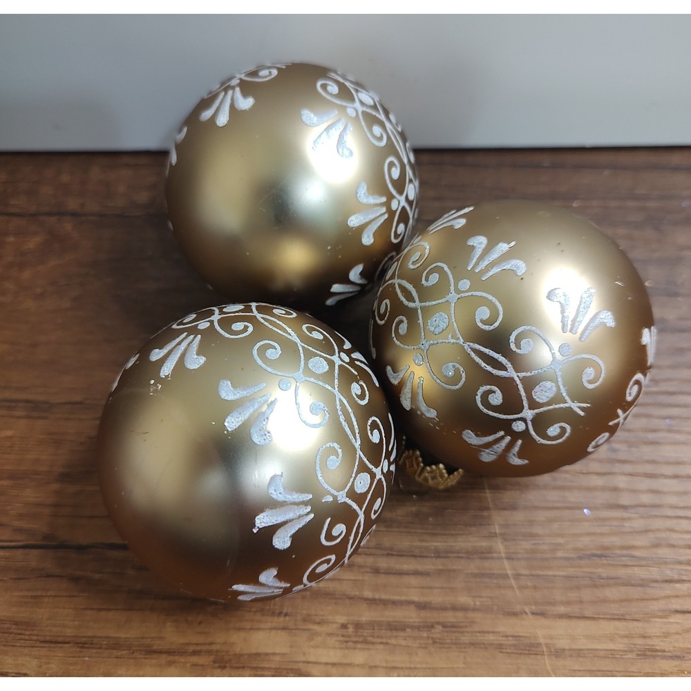 VTG HD Dark Gold Glass Ball Christmas Ornament Lot Of 3 Glitter Design B1